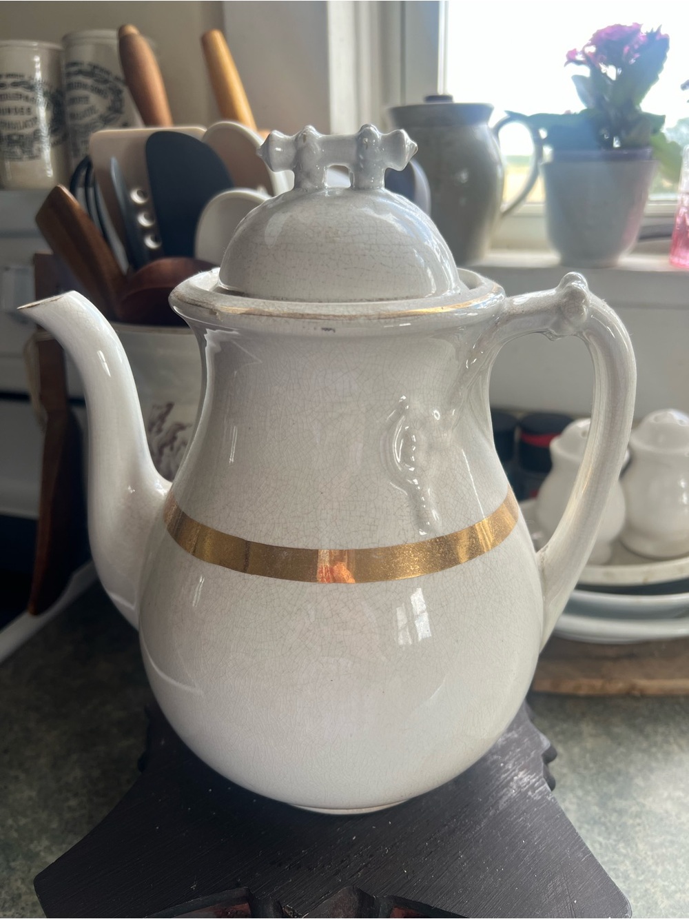 Antique Ironstone Teapot/Coffee Pot Stained & Crazed 1800s